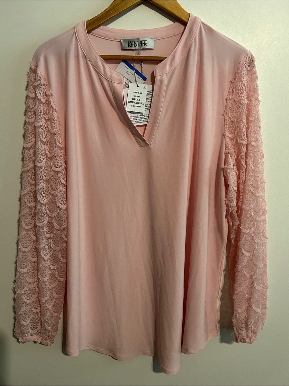 Kasper Soft Pink V-Neck Blouse with Lace Sleeves